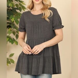 Perfect Peach Oversized Casual Gray Ruffled Sleeve Tiered Mini Dress/Top Sz Sm